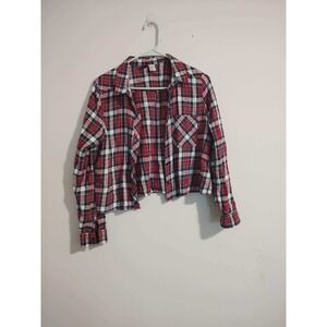 H&M Divided Red Plaid Cropped Long Sleeve Button Down Shirt Women's Size 10